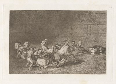 To lag med Picadorer kastet etter hverandre av en enkelt okse, plate 32 fra La tauromaquia av Francisco de Goya