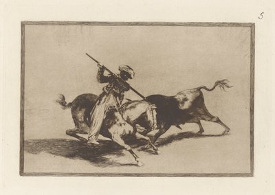 Den livlige Moro Gazul er den første som lanserer? okser i rekkefølge (The Spirited Moor Gazul er den første som spyr okser i henhold til reglene), Plate 5 fra La tauromaquia av Francisco de Goya
