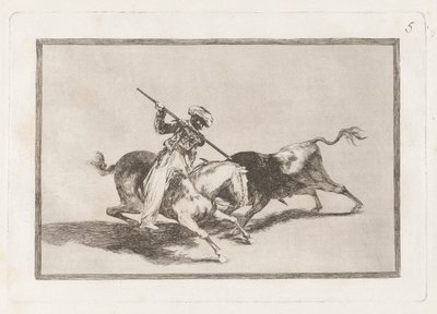 Er den livlige mauriske Gazul den første som kaster? okser i regel (The Spirited Moor Gazul er den første til å spyd okser i henhold til reglene), plate 5 fra La tauromaquia av Francisco de Goya