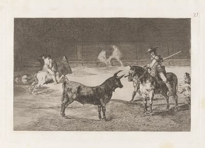 El c?lebre Fernando del Toro, barilarguero, tvinger udyret med stangen sin (The Celebrated Picador, Fernando del Toro, Draws the Fierce Beast on with his Pique), Plate 27 fra La tauromaquia av Francisco de Goya