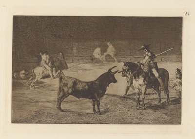 Den berømte Fernando del Toro, barilarguero, tvinger ? la Fiera con su garrocha (The Celebrated Picador, Fernando del Toro, Draws the Fierce Beast on with his Pique), Plate 27 fra La tauromaquia av Francisco de Goya