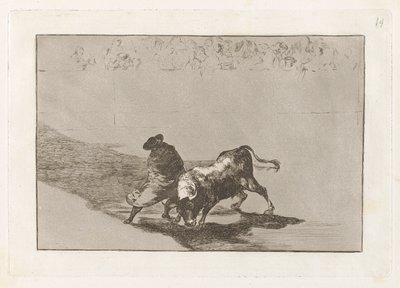 Diestr?sm-studenten til False, preget erter oksen med pausene sine (The Very Skillful Student of False, Wrapped in his Cape, Trick the Bull with the Play of his Body), Plate 14 fra The Tauromachia av Francisco de Goya