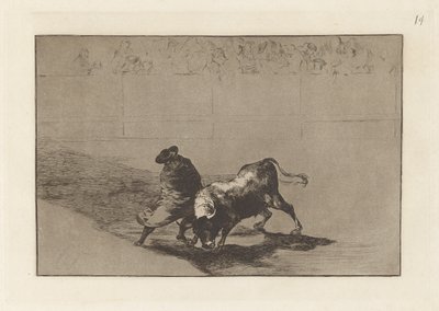 Diestr?sm-studenten til False, preget erter oksen med pausene sine (The Very Skillful Student of False, Wrapped in his Cape, Trick the Bull with the Play of his Body), Plate 14 fra The Tauromachia av Francisco de Goya