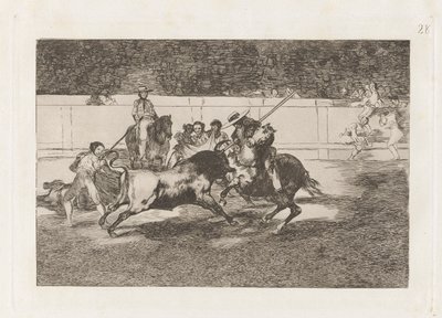 Den anstrengende Rendon som biter en okse, hvis skjebne døde han? en la plaza de Madrid (The Forceful Rendon Stabs a Bull with the Pique, from which Pass He Died in the Ring of Madrid), Plate 28 fra La tauromaquia av Francisco de Goya