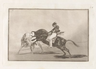 The Same Ceballos montert på en annen okse Breaks Rejones på Plaza de Madrid (The Same Ceballos montert på Another Bull Breaks Short Spears in the Ring at Madrid), plate 24 fra La tauromaquia av Francisco de Goya