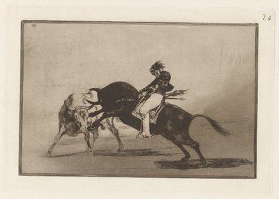 Den samme Ceballos montert på en annen okse bryter korte spyd i ringen i Madrid, plate 24 fra La tauromaquia av Francisco de Goya