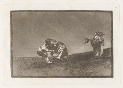 Selv dumper han en okse på Madrids plaza (Den samme mannen kaster en okse i ringen i Madrid), plate 16 fra La tauromaquia av Francisco de Goya