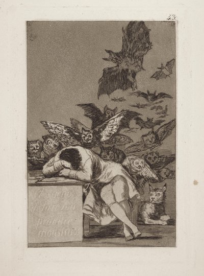 Drømmen om grunnen produserer monstre. (Fornuftens søvn produserer monstre.), pl. 43 fra serien The whims av Francisco de Goya