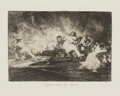 De rømmer inn i flammene. (De flykter gjennom flammene.), pl. 41 fra serien The Disasters of War av Francisco de Goya