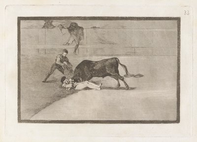Den uheldige døden til Pepe Illo i ringen i Madrid (Den uheldige døden til Pepe Illo i ringen i Madrid), Plate 33 fra La tauromaquia av Francisco de Goya