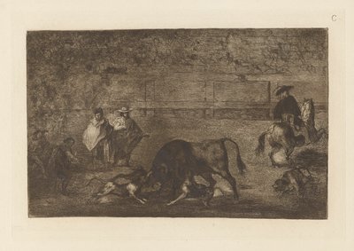 The Dogs Losse on the Bull, Plate C fra La tauromaquia (tredje utgave) av Francisco de Goya