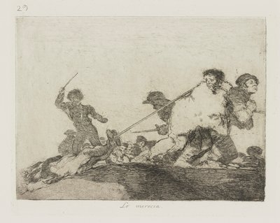 Han fortjente det. (Jeg fortjente det.), pl. 29 fra serien The Disasters of War av Francisco de Goya