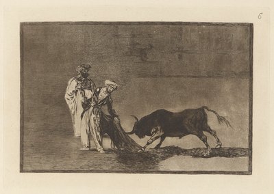 The Moors lager enda en capeo i ringen med badekåpen sin (The Moors Make a Different Play in the Ring Calling the Bull with their Burnous), Plate 6 fra La tauromaquia av Francisco de Goya