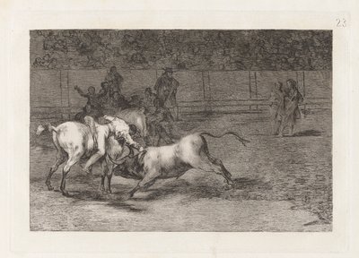 Mariano Ceballos, alias indianeren, dreper oksen fra hesten sin (Mariano Ceballos, Alias ​​​​indianeren, dreper oksen fra hesten sin), plate 23 fra La tauromaquia av Francisco de Goya