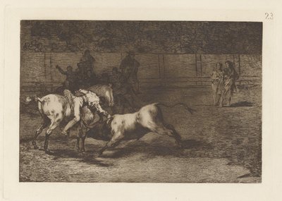 Mariano Ceballos, alias indianeren, dreper oksen fra hesten sin (Mariano Ceballos, Alias ​​​​indianeren, dreper oksen fra hesten sin), plate 23 fra La tauromaquia av Francisco de Goya