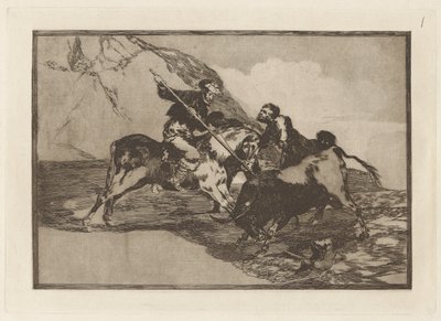 Hvordan jaktet de gamle spanjolene på oksene? hest i marken (måten som de gamle spanjolene jaktet okser på til hest i det åpne landet), Plate 1 fra La tauromaquia av Francisco de Goya