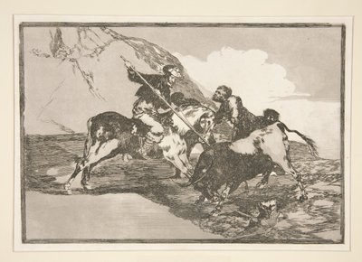 Hvordan jaktet de gamle spanjolene på oksene? hest i marken (Måten som de gamle spanjolene jaktet okser på til hest i det åpne landet), pl. 1 fra serien Bullfighting av Francisco de Goya