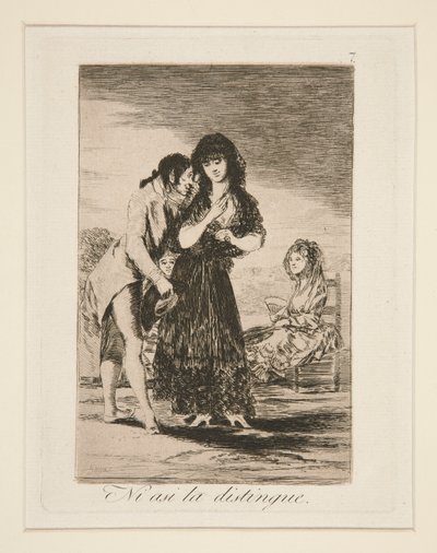 Ni asi la distingue (Selv dermed kan han ikke få henne ut), pl. 7 fra Los caprichos av Francisco de Goya