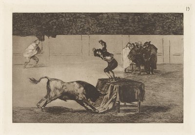 Nok en galskap av ham på samme torg (Another Madness of his in the Same Ring), Plate 19 fra La tauromaquia av Francisco de Goya