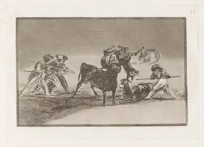Palenque de los moros hecho con burros para defenderse del toro embolado (Maurerne bruker esler som en barriere for å forsvare seg mot oksen hvis horn har blitt tippet med baller), plate 17 fra La tauromaquia av Francisco de Goya