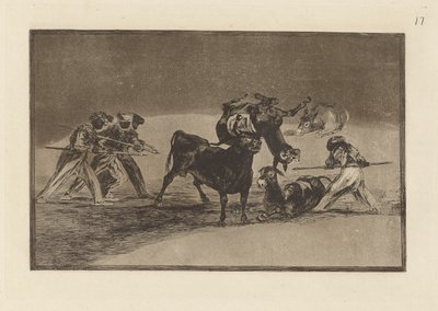 Palenque de los moros hecho con burros para defenderse del toro embolado (Maurerne bruker esler som en barriere for å forsvare seg mot oksen hvis horn har blitt tippet med baller), plate 17 fra La tauromaquia av Francisco de Goya
