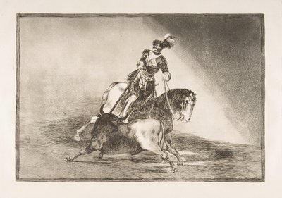 Plate 10 fra La Tauromaquia: Charles V spydte en okse i ringen ved Valladolid, 1816. av Francisco de Goya