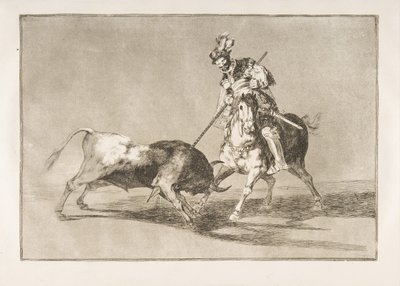 Plate 11 fra Tauromaquia: Cid-campeadoren som spyder en annen okse., 1816. av Francisco de Goya