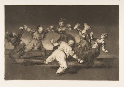 Plate 12 fra Disparates: Hvis Marion vil danse, så har hun..., ca. 1816-23 utgitt 1864. av Francisco de Goya
