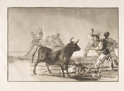 Plate 12 fra Tauromaquia: Folkemengden hamstrings oksen med lanser, sigder, bande..., 1816. av Francisco de Goya