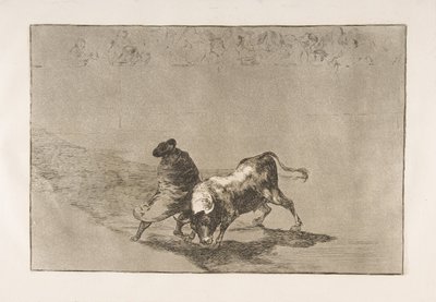 Plate 14 fra Tauromaquia: Den meget dyktige studenten til Falces, pakket inn i kappen sin..., 1816. av Francisco de Goya