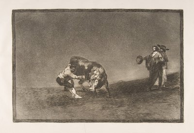 Plate 16 av Tauromaquia: Den samme mannen kaster en okse i ringen i Madrid., 1816. av Francisco de Goya