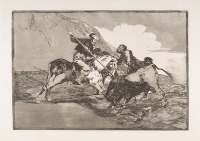 Plate 1 fra The Tauromaquia: Måten de gamle spanjolene jaktet okser på på hor..., 1816. av Francisco de Goya