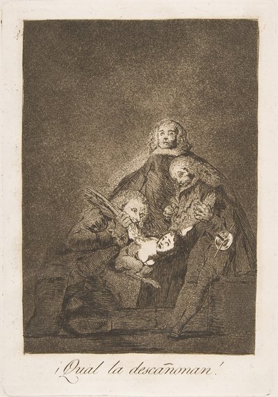 Plate 21 fra Los Caprichos: Hvordan de plukker henne! Qual decannon!, 1799. av Francisco de Goya