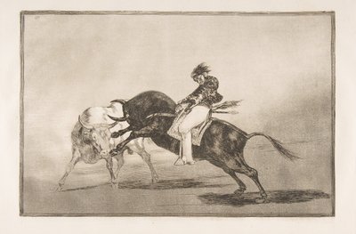 Plate 24 av Tauromaquia: Den samme Ceballos montert på en annen okse bryter kort spea..., 1816. av Francisco de Goya