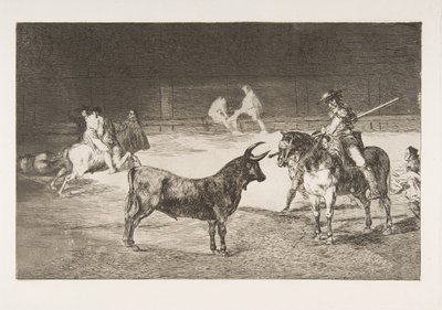 Tallerken 27 fra Tauromachia: Den berømte stikkeren, Fernando del Toro, tegner brenneren..., av Francisco de Goya
