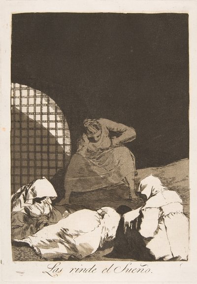 Plate 34 fra Los Caprichos: Søvn overvinner dem Las rinde el Sueño., 1799. av Francisco de Goya