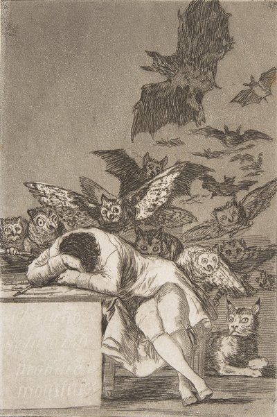 Plate 43 fra Los Caprichos: Fornuftens søvn produserer monstre E..., 1799, publisert 1908-12. av Francisco de Goya