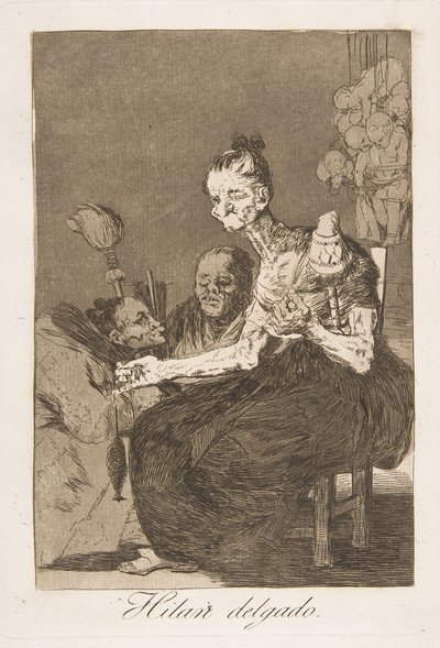 Plate 44 fra Los Caprichos: De spinner fint Hilan delgado., 1799. av Francisco de Goya