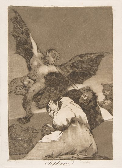 Plate 48 fra Los Caprichos: Tale-Bearers-Blasts of Wind Soplones., 1799. av Francisco de Goya