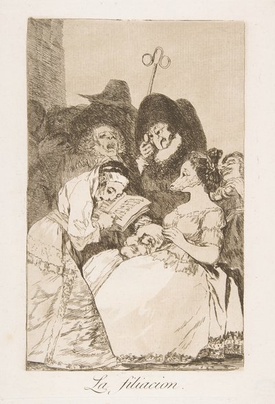 Plate 57 fra Los Caprichos: The filiation La filiacion., 1799. av Francisco de Goya