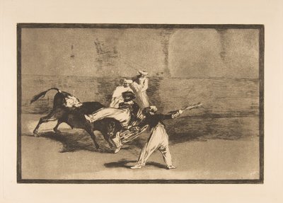 Plate 8 fra Tauromaquia: En myr fanget av oksen i ringen, ca. 1816. av Francisco de Goya