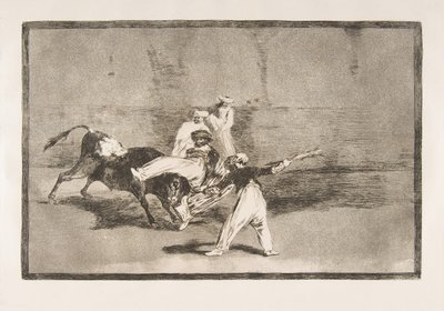 Plate 8 av Tauromaquia: En maur fanget av oksen i ringen, 1816. av Francisco de Goya