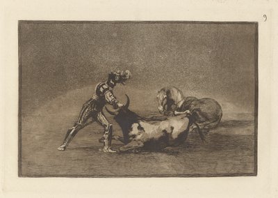 En spansk ridder dreper oksen etter å ha mistet hesten sin, plate 9 fra La tauromaquia av Francisco de Goya