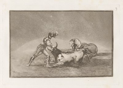 A Spanish Knight Kills the Bull after Having Lost His Horse (A Spanish Knight Kills the Bull after Having Lost his Horse), Plate 9 fra La tauromaquia av Francisco de Goya