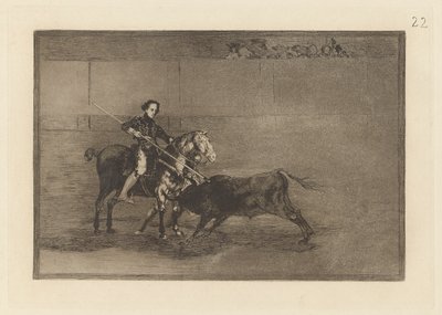 Valor manil de la c?lebre Pajuelera en la de Zaragoza (Manly Courage of the Celebrated Pajuelera in [ringen] ved Saragossa), plate 22 fra La tauromaquia av Francisco de Goya