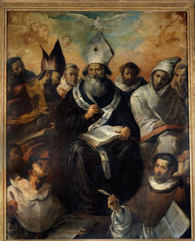 Saint Basil dikterer sin doktrine Saint Basil of Cesaree eller Basil the Great (330-379), munk, eveque av Cesaree of Cappadocia, kirkens doktor. Maleri av Francisco Herrera (1585-1657) (esp.) 1639 Søn. 2,43x1,94 m av Francisco Herrera