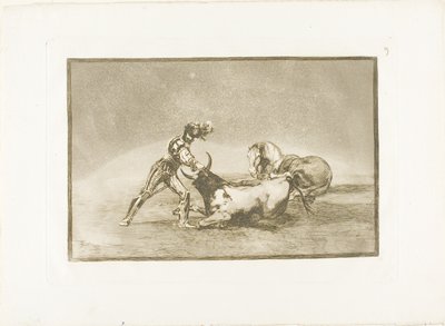 En spansk ridder dreper oksen etter å ha mistet hesten sin, plate ni fra The Art of Bullfighting av Francisco Jose de Goya y Lucientes