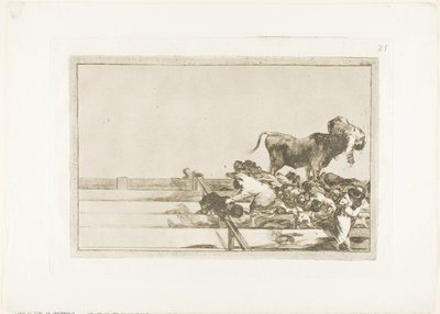 Fryktelige hendelser på de første radene i ringen i Madrid, og borgmesteren i Torrejóns død, plate 21 fra The Art of Bullfighting av Francisco Jose de Goya y Lucientes