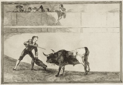 GOYA Y LUCIENTES, Francisco de (1746-1828). Pedro Romero dreper den stoppede oksen. 1816. (25,1 x 35,9 cm). ROMERO, Pedro (1754-1839). Spansk tyrefekter. Plate 30 av «Kunsten å tyrefekting». Etsing. SPANIA. MADRID (AUTONOMT FELLESSKAP). Madrid. nasjonal av Francisco Jose de Goya y Lucientes