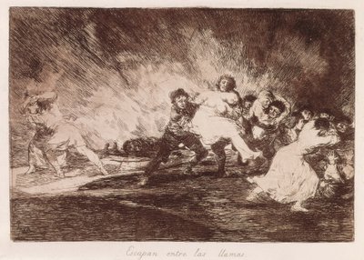 GOYA Y LUCIENTES, Francisco de (1746-1828). De rømmer gjennom flammene. 1810-1812. (16,1 x 23,3 cm). Plate 47 av "The Disasters of War". Etsing. SPANIA. MADRID (AUTONOMT FELLESSKAP). Madrid. Nasjonalbiblioteket av Francisco Jose de Goya y Lucientes